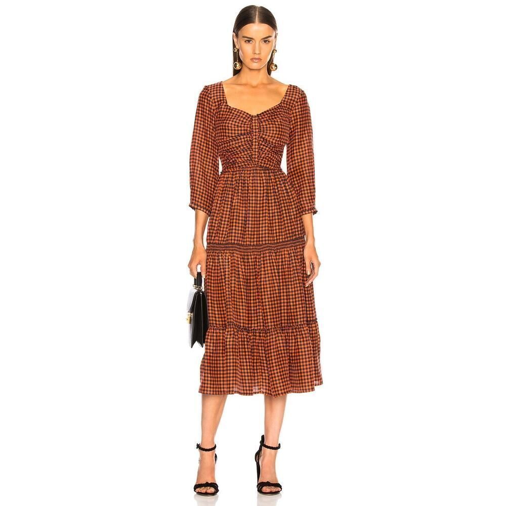 SEA Ethno Silk Pop 3/4 Sleeve Ruched Midi Dress US6
